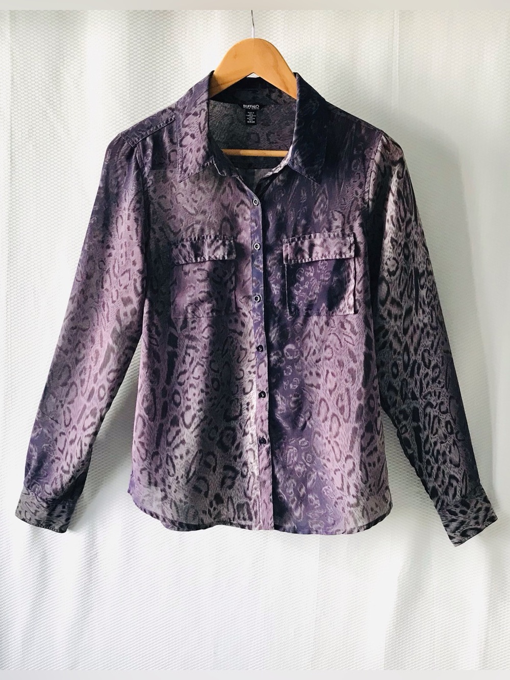 Edgy Buffalo Purple Leopard Camo Blouse Semi Sheer Long Sleeve Button Small